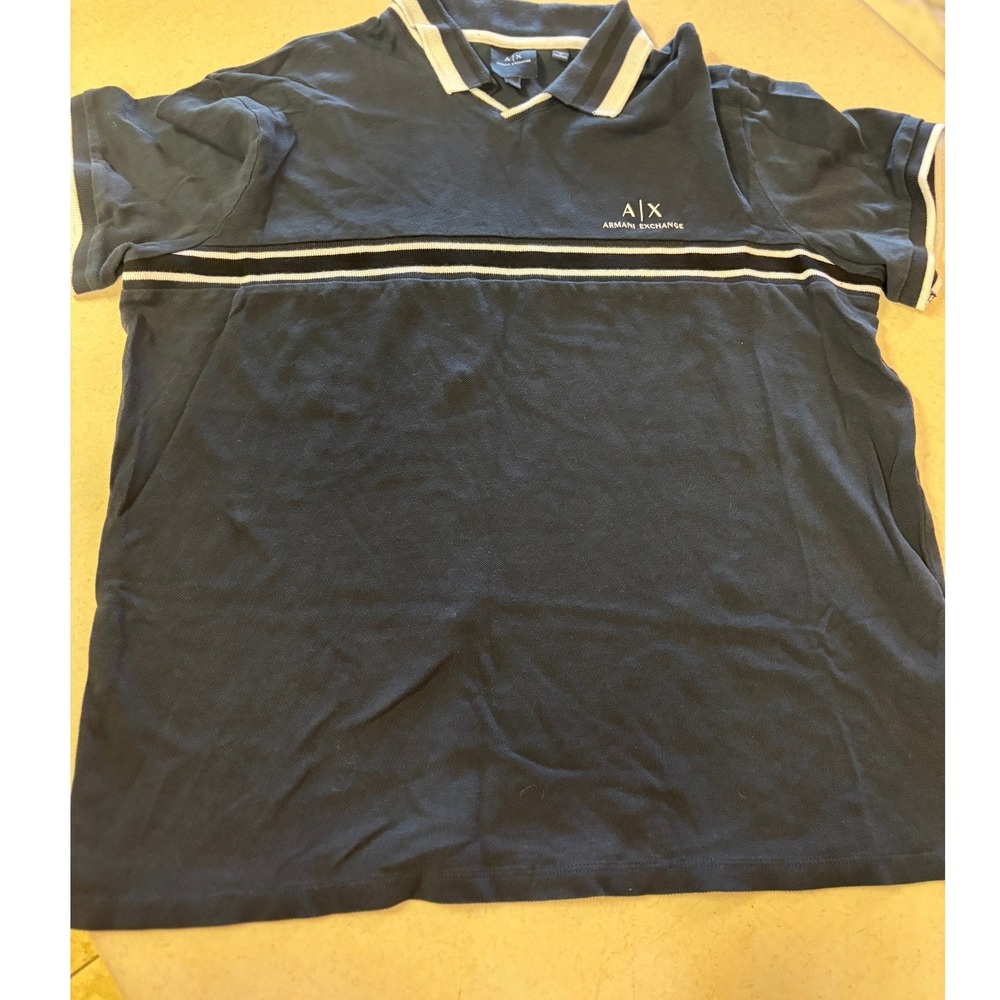 Armani Exchange Mens XL Navy Blue Striped V-Neck Polo Shirt AX Logo Short Sleeve
